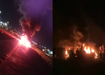 Manifestantes pró-Bolsonaro fecham a BR-163 e ateiam fogo em carro e pneus