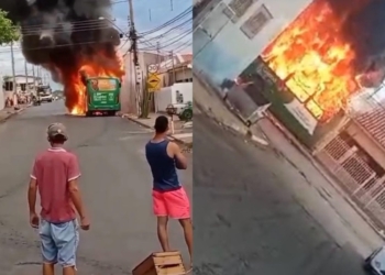 Ônibus do transporte público de Cuiabá é destruído pelas chamas em Cuiabá