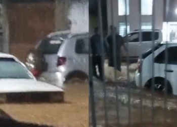 Pela segunda vez em menos de três meses chuva alaga centro de Chapada e carro é arrastado