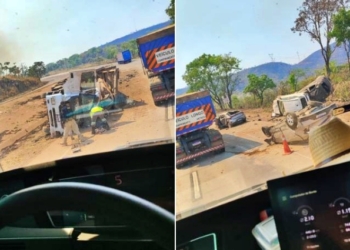 Caminhão cegonha tomba e cinco veículos são lançados na BR-364