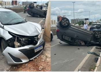 Carro capota durante acidente entre três carros na Avenida Miguel Sutil