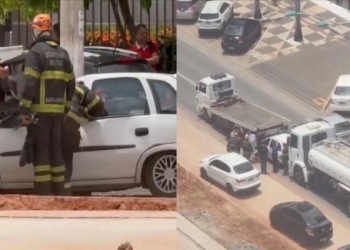 Carro é prensado entre dois caminhões na Avenida do CPA; veja vídeo