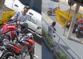 Câmera de segurança flagra bandido furtando moto estacionada no Centro de Cuiabá; veja vídeo