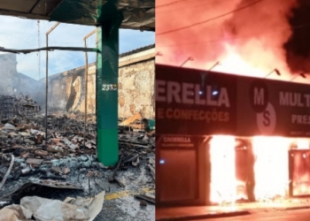 Duas lojas são destruídas por incêndio causado por criminosos encapuzados