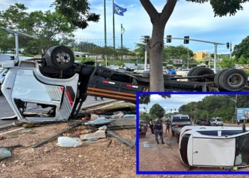 Acidente na Avenida do CPA deixa duas pessoas feridas e veículos tombados