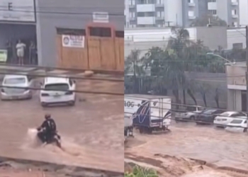 Chuva transforma Avenida do CPA em rio com lama das obras do BRT; veja vídeo