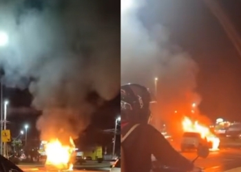 Incêndio destrói carro na Rotatória da Viola de Cocho em Cuiabá; veja vídeo