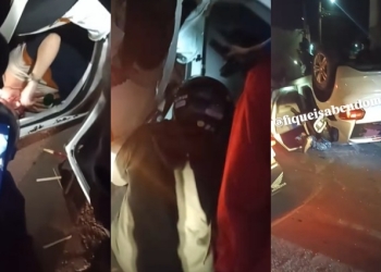 Polo capota após colisões em rotatória e atinge outro carro em Cuiabá; veja vídeo