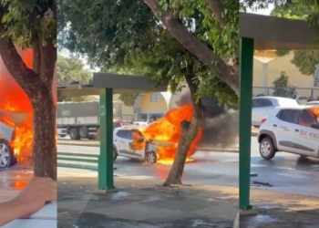 Carro de empresa pega fogo na Avenida Fernando Corrêa e causa congestionamento em Cuiabá