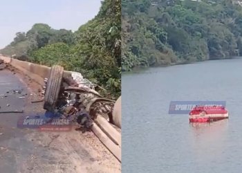 Motorista é socorrido após tombar carreta-tanque dentro do Rio Teles Pires
