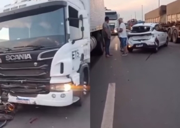 Engavetamento entre carreta, carro e moto deixa um ferido na BR-364