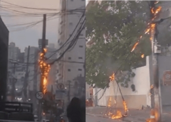 Postes de energia pegam fogo na Avenida Getúlio Vargas e assustam populares