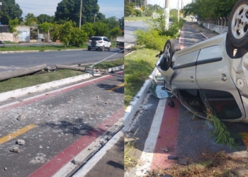 Peugeot capota após atingir poste; condutor abandona veículo em VG