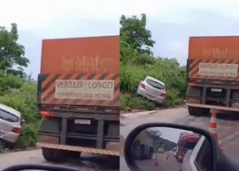 Carreta perde os freios, atinge Onix e derrama carga na Serra de São Vicente