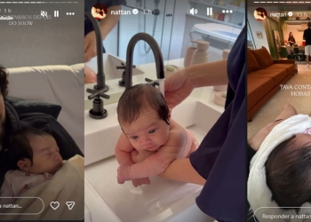 Nattan exibe momento fofo ao mostrar banho da filha recém-nascida: ‘Na pia’