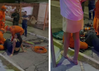 Jovem fica com pé preso em grade de bueiro em Cuiabá; veja vídeo