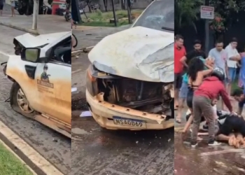 Duas pessoas são socorridas após caminhonete bater contra poste e derrapar em pista