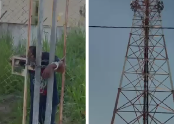 Homem é preso “pendurado” em torre da Vivo enquanto furtava fios em frente à base da PM: veja vídeo