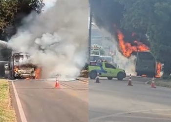 Ônibus com trabalhadores pega fogo na BR-364 e fica destruído