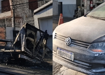 Caminhonete pega fogo próximo a posto e chamas atingem carro estacionado